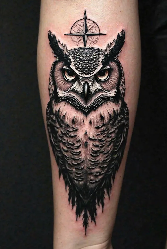 Create a female blackwork owl tattoo with a Nordic compass on top of the owl