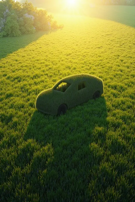 Generate a car shadow full of grass with bright sunshine. Generate without showing the car