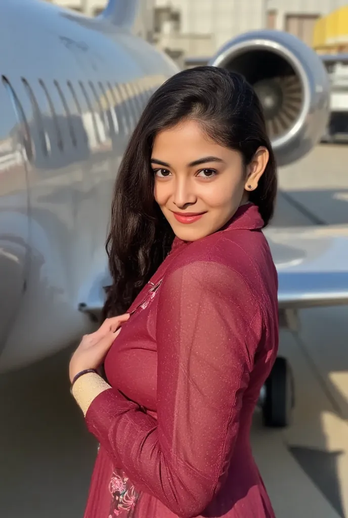 A 25 year old air hostess with large breasts standing near a plane , wearing uniform