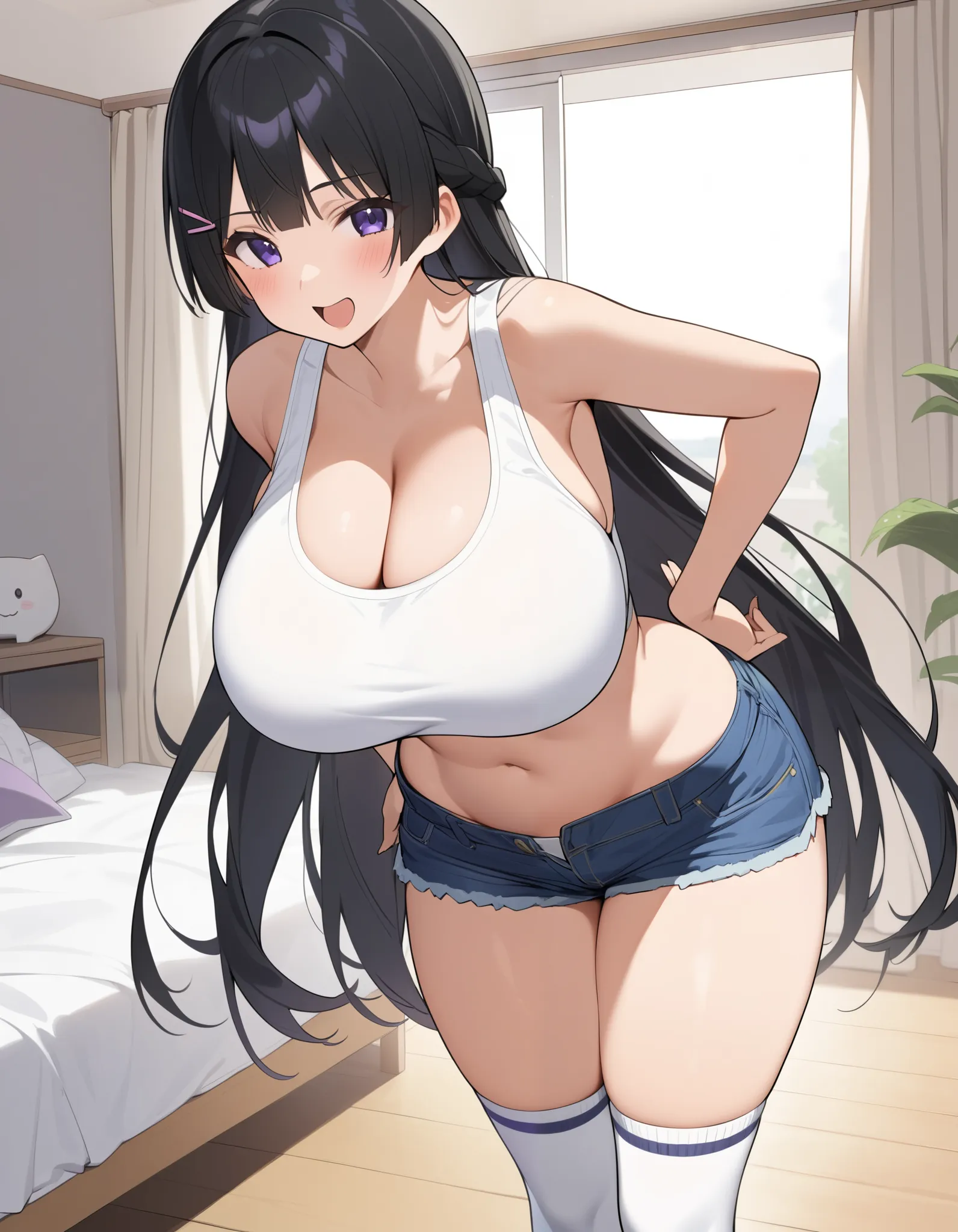 top quality、white sports bra、 denim shorts 、 high socks、navel、Tsukino Mito、Nijisanji、 black hair、long hair、hair clip、purple eyes、emphasizes cleavage、Big Breasts、Big Breasts、Big Breasts、 (Big Breasts:1 . 3)、bedroom、solo、 happy、is standing、Hands on Hips