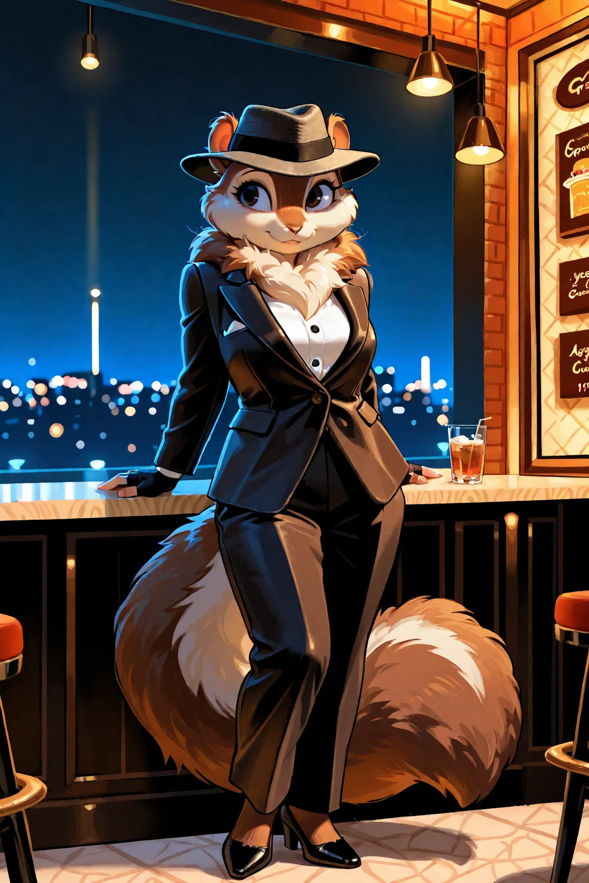 female tall squirrel, gangster, fur skin, furry, in elegant suit of 1930 years style, in fedora hat, fingerless gloves, fluffy fur, squirrel tail, leaning on wall of restaurant, 1920 year, night