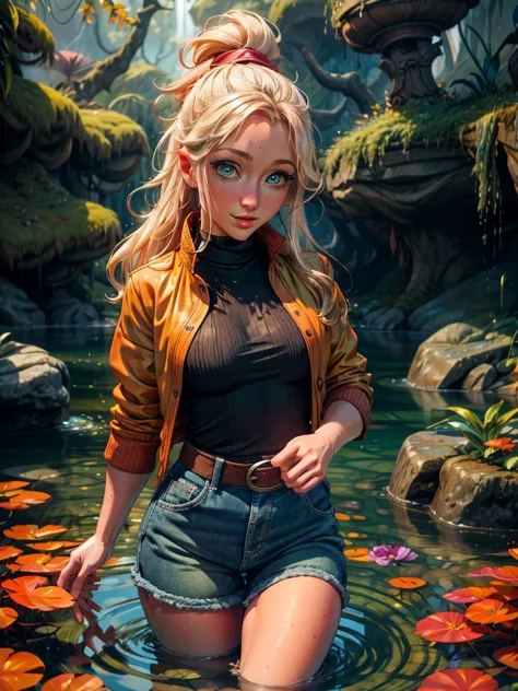 masterpiece, best quality, autumn outfit, colorful hair, outdoor,upper body, colorful autumnal clothes, ((fully clothed)), warm clothes, wet clothes, soaked, drenched, excited, wet hair, wet and slimy, water up to her chest, submerged, fantasy environment,...