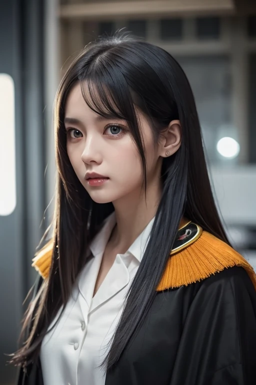  white girl with long black hair is wearing a military uniform,  Orange Cape , Big hazel eyes,  Science Fiction , Dark mood, 