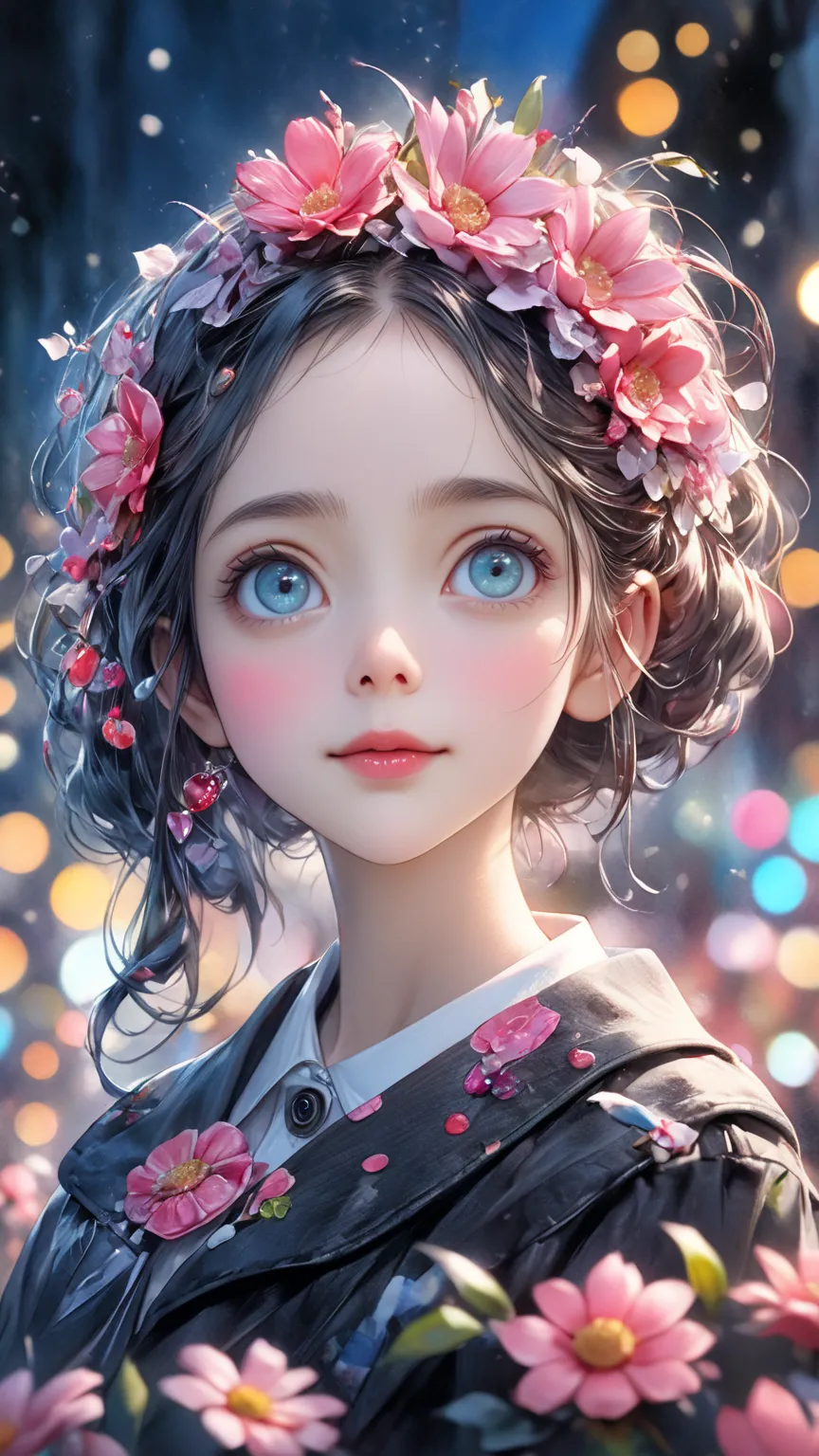 High Quality Realistic Watercolor、Anatomically Accurate Hatsunemiku Portrait、Norman Rockwell and Tim Burton Style、pink flower decoration、4K rendering、Extreme Details、Professional Finish、vibrant colors、Bokeh