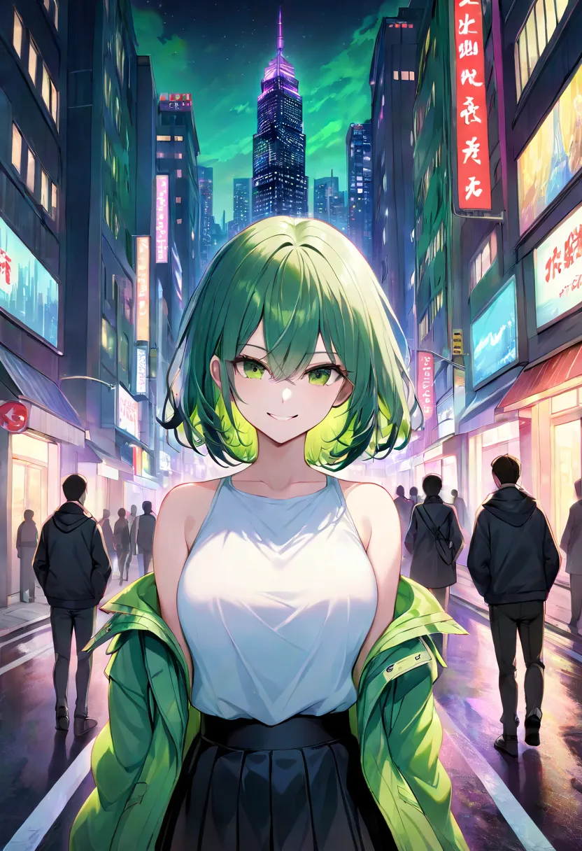 1 girl, black_Skirt, green_hair, building, city, cityscape, hair_between_eye, jacket, in subjug_in_viewer, medium_hair, Multicolor_hair, multiple_boy,  night , off_shoulders with breastpl, outdoor, pleined_Skirt, road,  shirt, Skirt,  Skyscraper, smile, Al...