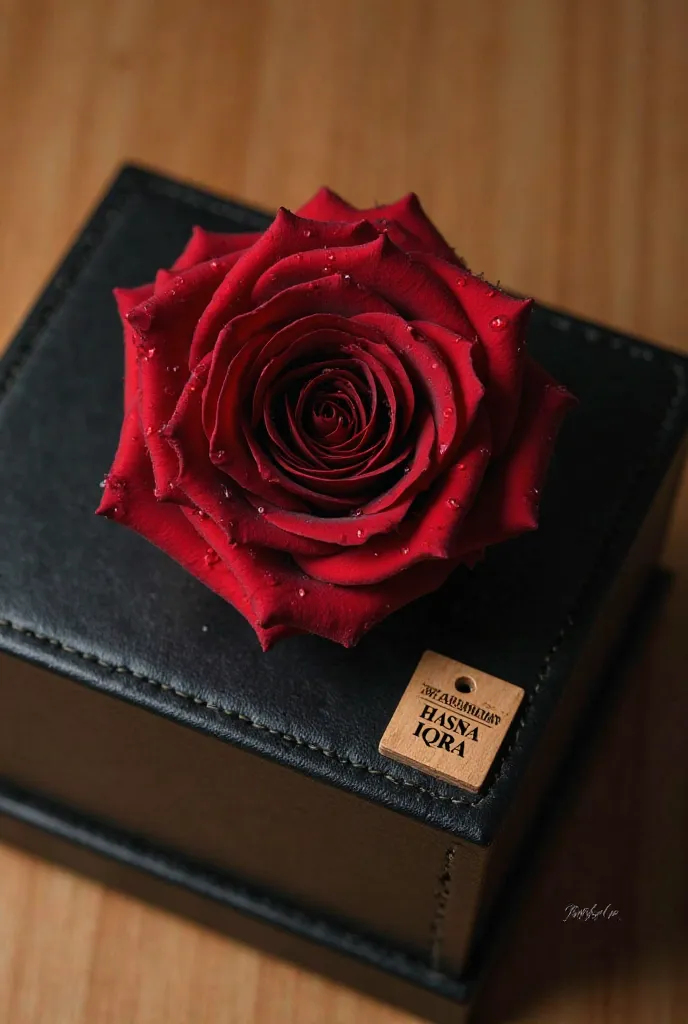 A vibrant red and black rose, with water droplets, rests on a dark, leather-like box. The rose is a beautiful gradient of dark black to deep red, with a delicate texture. Water droplets cling to the petals, highlighting their intricate detail. The box is a...