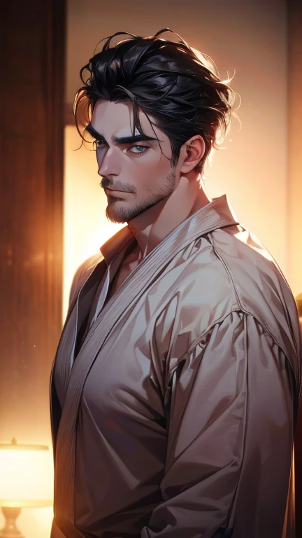 (    best quality,4K,8k,      highres,    masterpiece :1.2),    ultra-detailed    ,(Realistic,photoRealistic,photo-Realistic:1.37),36-year-old man,3 day beard,Beautiful anime,Portraits,strong,masculine,        with black hair  ,sharp jaw,            mesmer...