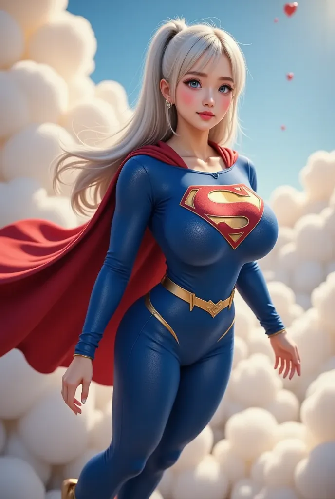 3D RENDERED, PHOTO REALISTIC. A SEXY CUTE ASIAN nerdy GIRL WITH LONG WAVEY WHITE HAIR AS SUPERMAN FLYING TAKING A SELFIE, HER BABY BLUE EYES GLISTENING IN THE SUNLIGHT, LARGE PERKY BREASTS, HAIR UP IN A ELEGANT FORM, GLASSES, WEARING A THICK BLUE SPANDEX S...