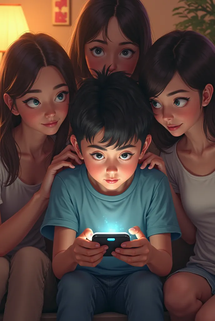 "The boy is playing a game on his phone with older girls around him."

