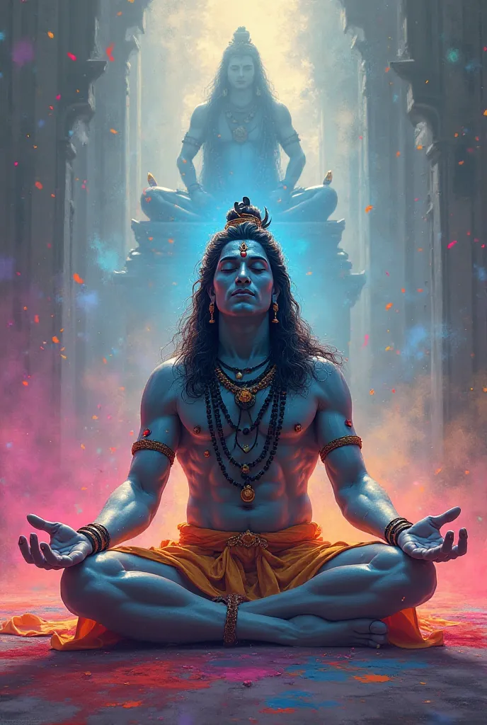 Lord shiva image in meditation with holi colour effact and lord Vishnu image in background 