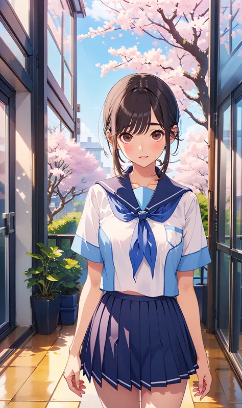  masterpiece,  top quality, Amanaka , (shortcuts),,  sailor suit, white shirt, Short sleeve, sailor color, blue neckerchief, pleated skirt on indoor floor, blue skirt, Short Hair ,brown eyes, normal breasts,(( Cherry Tree)),((Outdoors)) ,graduation 