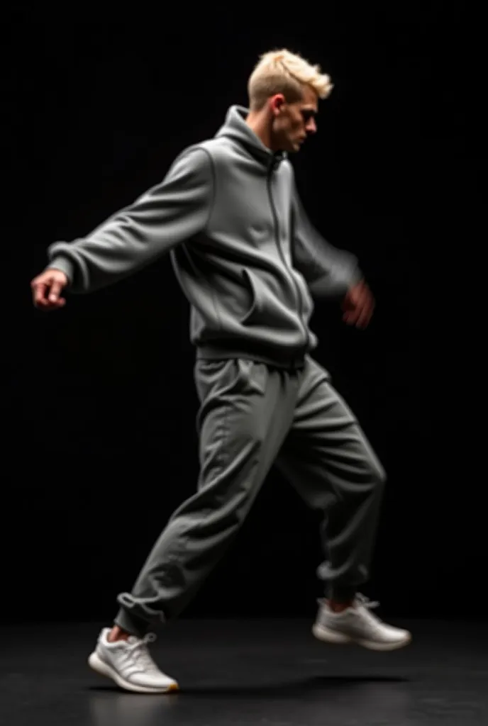 Ultra-realistic, studio photograph of a blonde male model, close face shot against a black background. The model is wearing an oversized, details, plain tracksuit and Adidas-style sneakers. He is captured mid-motion, dancing gracefully, with a slight motio...