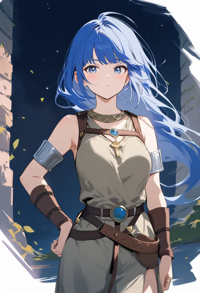 a girl , Blue hair , wearing gladiator clothing in search of an adventure 