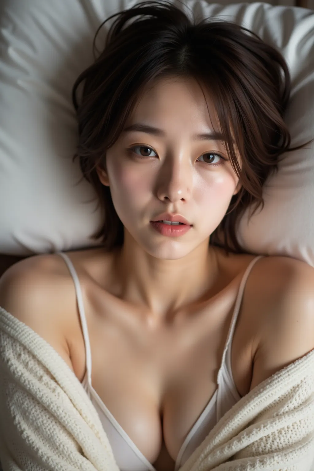 High quality,4K,Super Details,Realism,Professional grade ,bokeh,Beautiful woman with short messy hair, Blushing lying on the pillow,Exposed shoulders,((Patient expression)), (One eye closed), ( lips), cardigan, 21 years old,[ open my mouth and spit my tong...