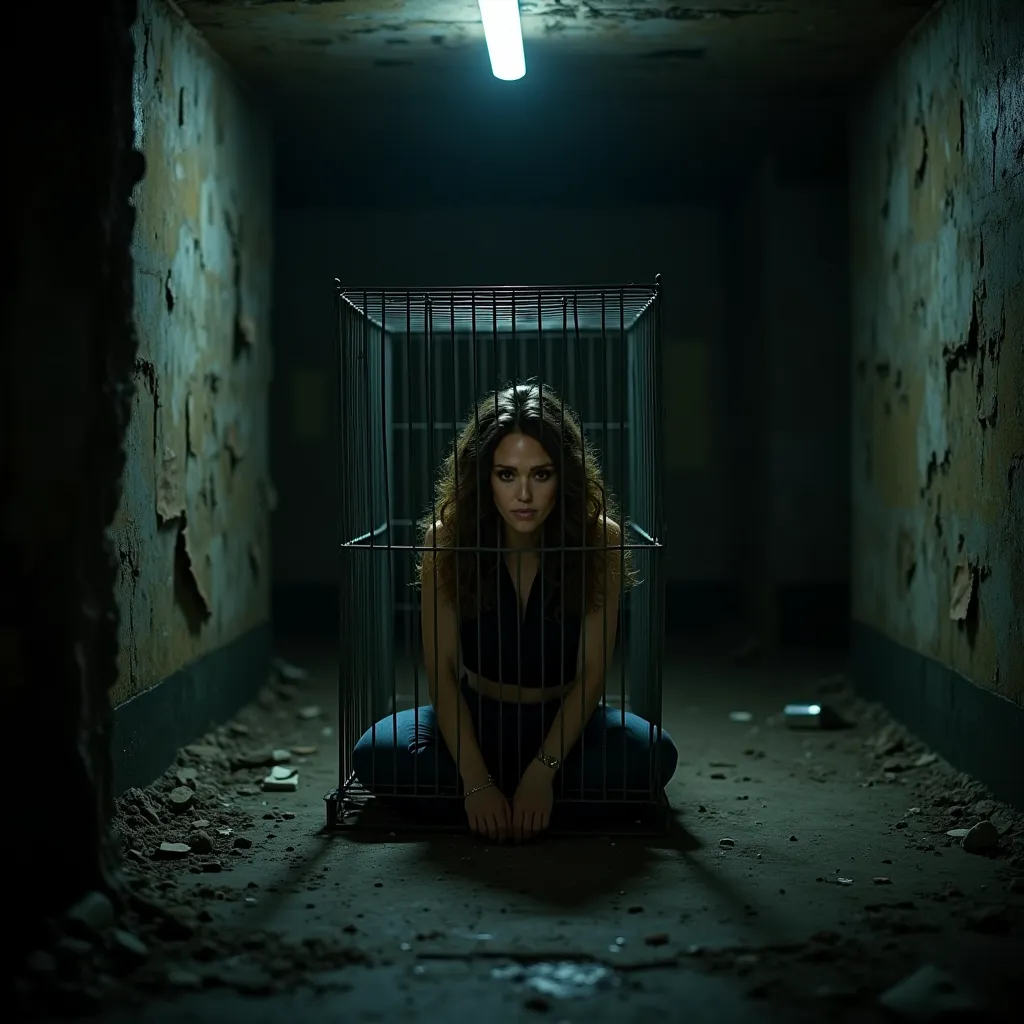 Highly realistic photo of a beautiful sexy young Jessica Alba sitting locked in a small square cage. Cage is in the middle of the floor in a creepy basement. wavy hair. 