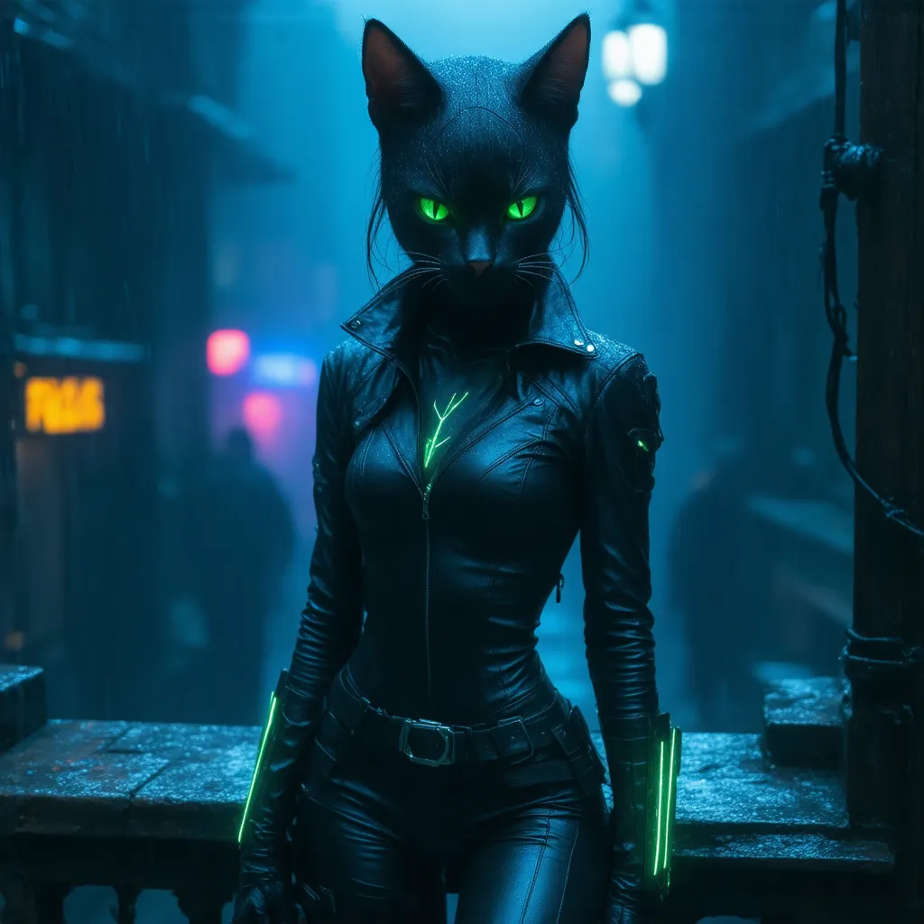 An anthropomorphic female Brown weasel as a superhero, wearing a sleek black Catwoman-inspired suit with metallic claws, masked face, glowing green eyes, dynamic stealthy pose on a rooftop at night, neon-lit cyberpunk city background, detailed fur texture,...