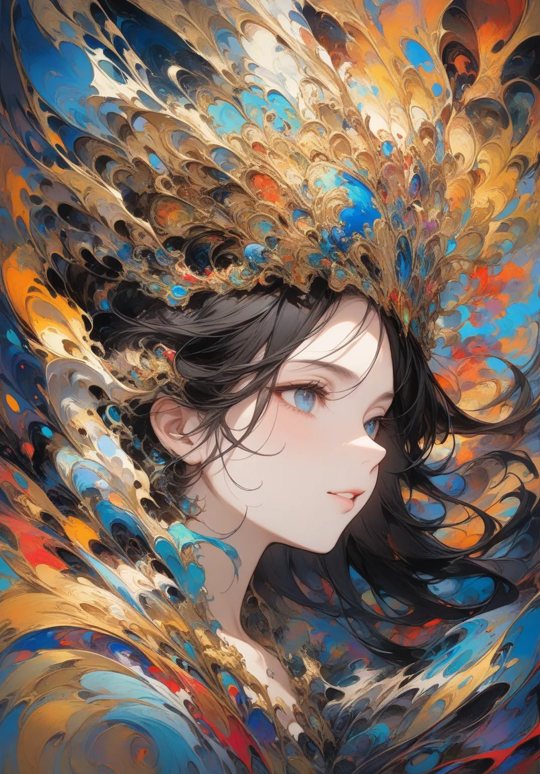 (masterpiece, top quality, best quality, official art, beautiful and aesthetic:1.2),(1girl,upper body:1.3),extreme detailed,(abstract art:1.2),colorful,highest detailed,black and gold,