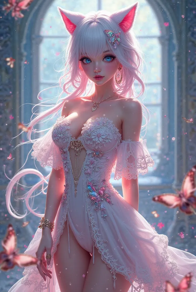 High 8k quality,women Slim Hollow Out Butterfly Embroidery Lace Split Dress,blue eye and white pink hair,cat ears, open legs and boobs, Stand up