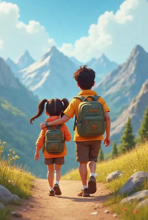 Need 3d animation style Father and Daughter Walking Back: The father and daughter walking down the mountain together, with the father’s arm around his daughter’s shoulder in a protective, loving gesture. They are both smiling, filled with happiness after t...