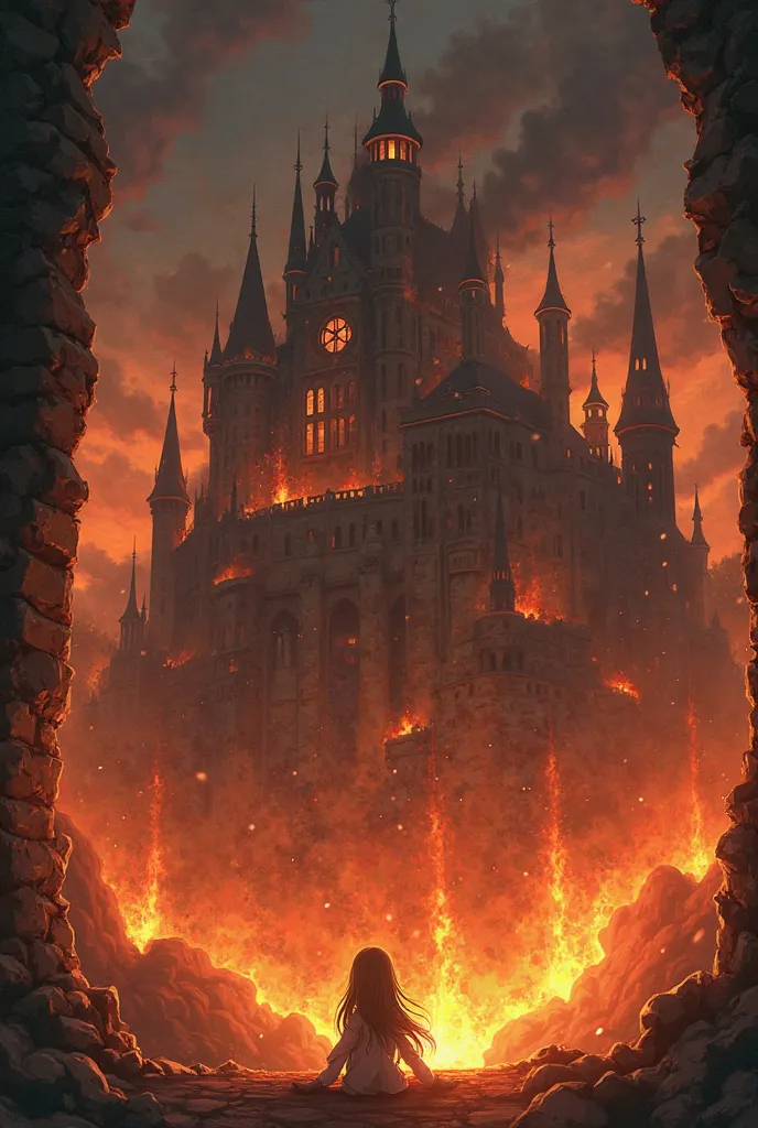 Create me A burning castle with a anime girl Burning Inside the castle thought window