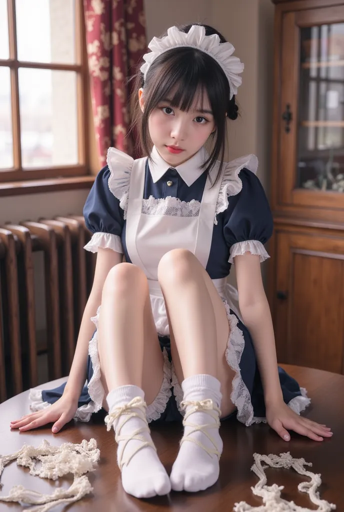 1 girl、Maid、sitting、frill socks、from below、 Ashikiri、is embarrassing、bike shorts、Puffy Lips、toeless legwear、cross lace legwear lying on a table、masterpiece、top quality、uncorrected