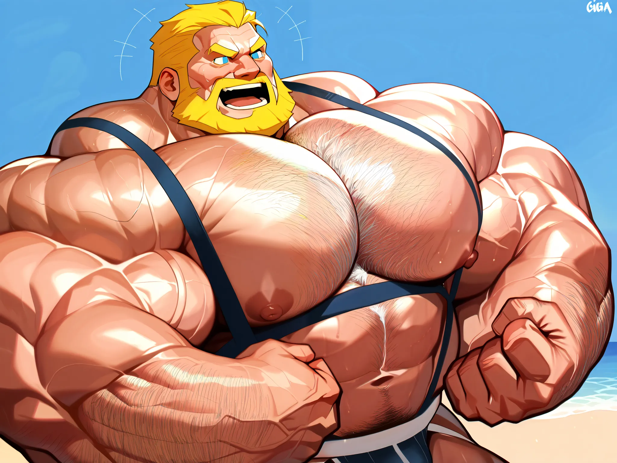 A massive muscular old man jockstrap in beach, (old man (massive muscular, giga, bara, big arm, biggest arm, biggest muscular, biggest chest , big chest, big pec, massive pectoral, big bicep, open eyes, detailed eyes, eyes, extremely detailed muscle, short...