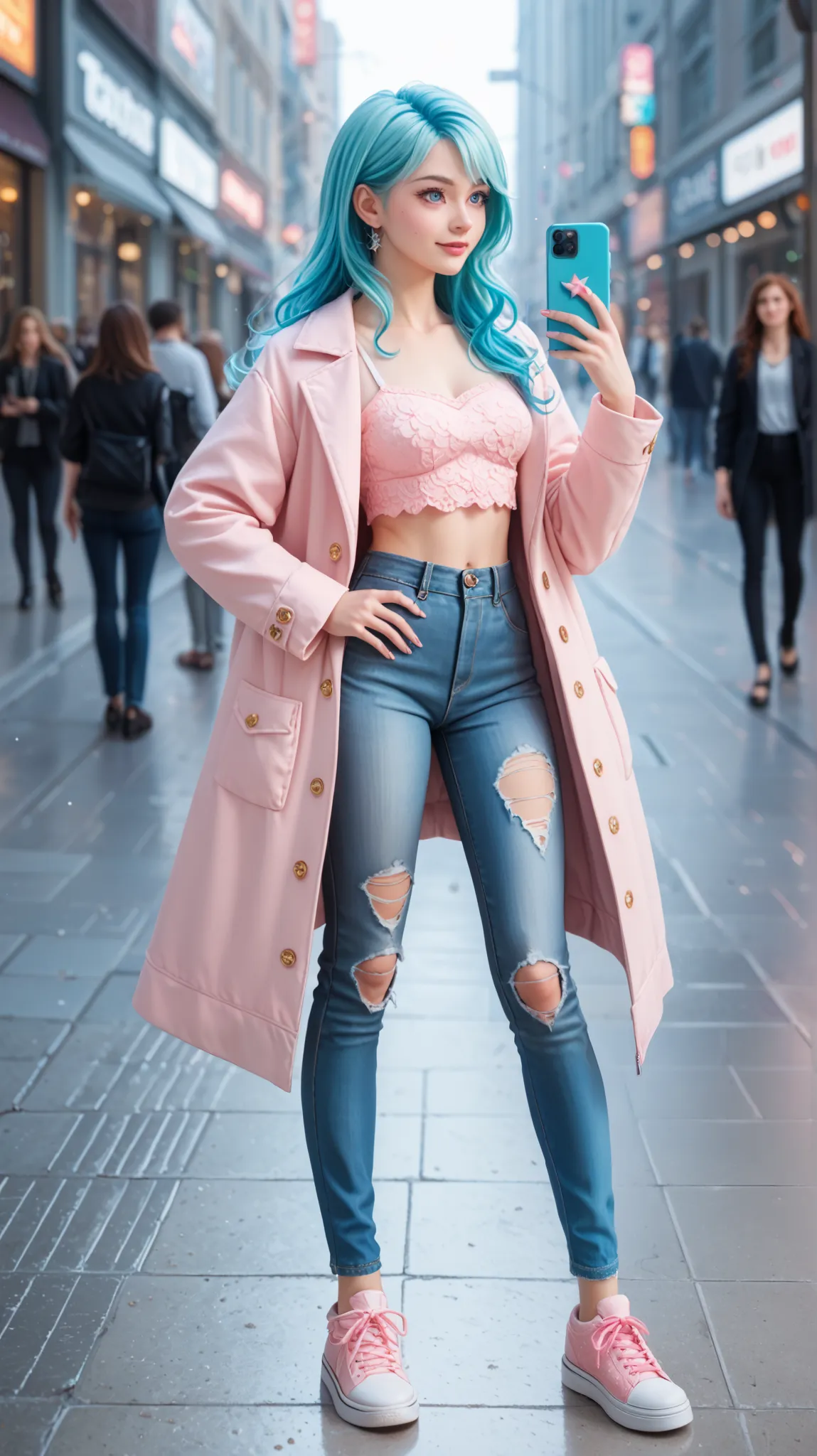 Aqua from Konosuba, wearing a chic pastel pink long coat, layered over a white cropped top, paired with high-waisted ripped skinny jeans and light pink slip-on shoes. Her outfit exudes a modern and stylish aesthetic, blending casual and sophisticated eleme...