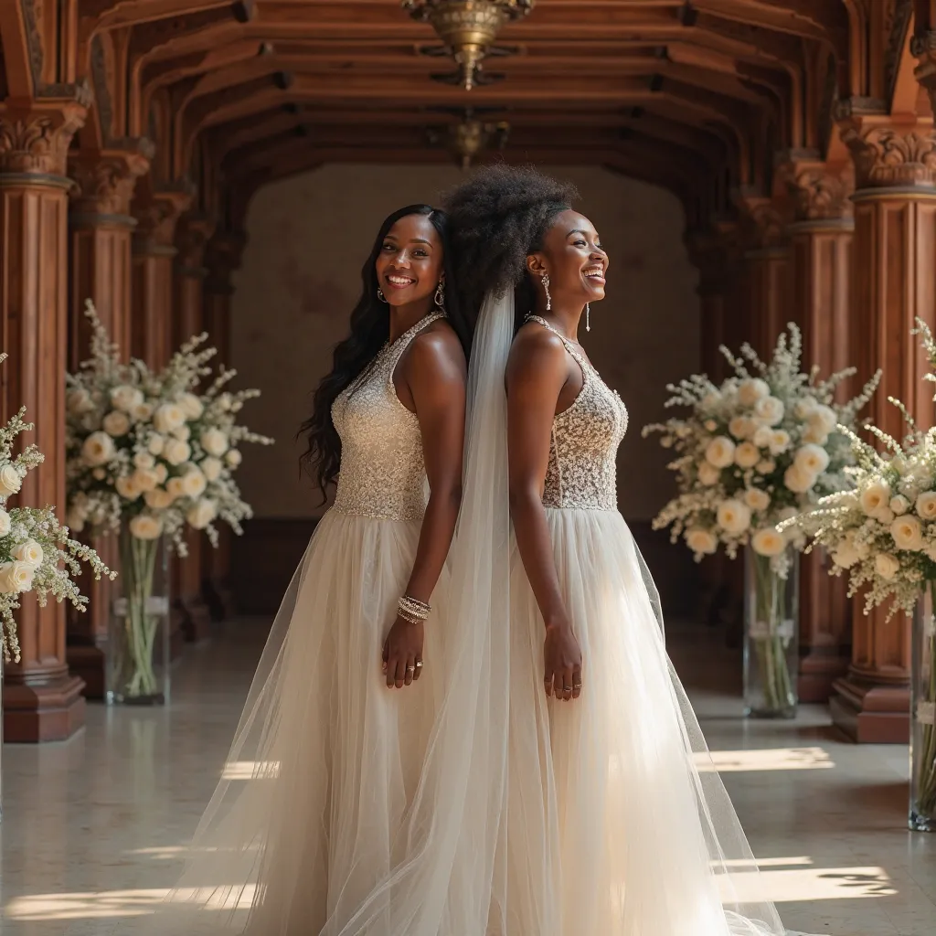 In a grand indoor setting featuring ornate wooden architecture, two women pose back-to-back, exuding confidence and joy. They wear long, translucent veils and elaborate floral arrangements trailing behind them. The lighting is soft and diffused, enhancing ...