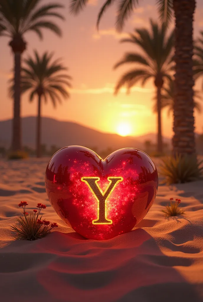 A glowing, ruby-red heart with a golden uppercase bold letter "Y" engraved in the center lies partially buried in the golden sands of a desert oasis. Palm trees sway gently nearby, their silhouettes casting long shadows in the warm light of the setting sun...