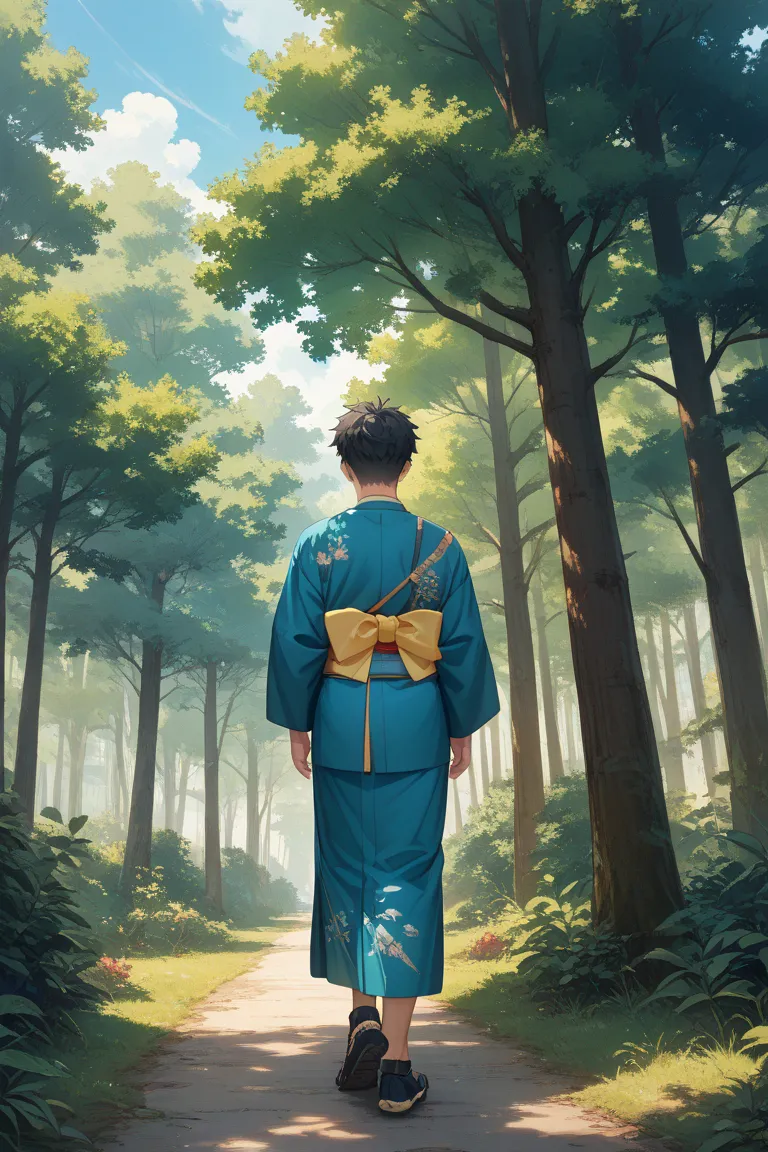 A man walking in a place overgrown with very big, long trees、He is wearing a kimono and has long hair。 black hair、I'm wearing a kimono、
and his surroundings create a very solemn atmosphere、Deep in the forest、Below is a gravel road、I'm walking far away with...