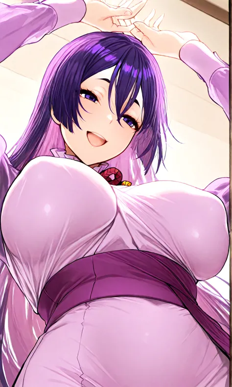  Solo, girl, Minamoto no raikou, minamoto outfit, long straight hair, purple hair, large soft and firm breasts, maternal look, thin waist, perfect hips, feminine position, open arms, waiting for a hug, affectionate smile, violet eyes, long straight hair, h...