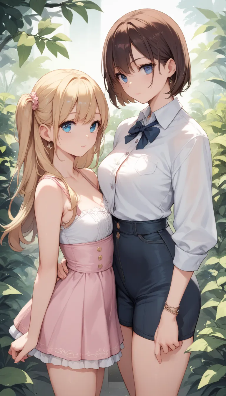 2 girls standing in the same clothes, long blonde woman and short dark haired young girl, anime, ultra detail