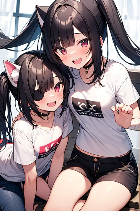 Kurumi Nibyo: Girls who meaninglessly wrap bandages around their hands, double teeth, small breasts, black hair, long twin tails, smiles, eyepatch, dog ears, tails, country shorts and shirts