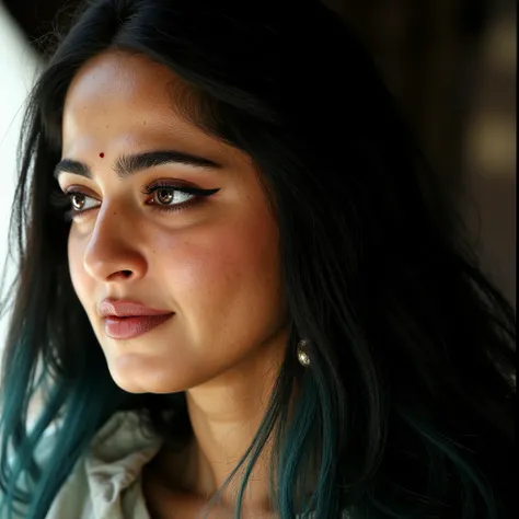 AnushkaShettyFlux, A portrait of an attractive 25-year-old with freckles, bold eyeliner, and makeup that accentuates her jawline, embodying a modern Cleopatra. She has long, flowing messy blue-green hair. The scene is captured under soft, dramatic lighting...