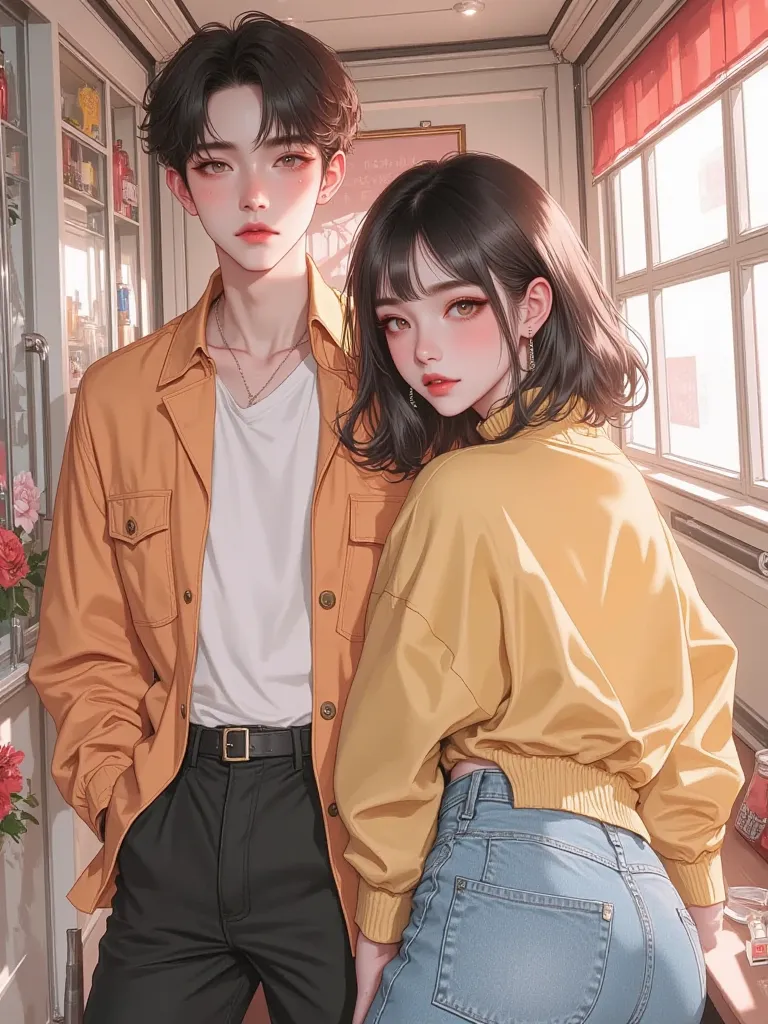 
"semi-realistic camera {{{{person}}}}. A gowa illustration of a couple,sharp eyes and charisma aura. , , a rather prominent neck. ตัวละครแบบ Yeonjun-Band Style TXT, , light pink hair,, sharp eyes,, and modern fashion style,sharp,  One eye, sharp, prominen...