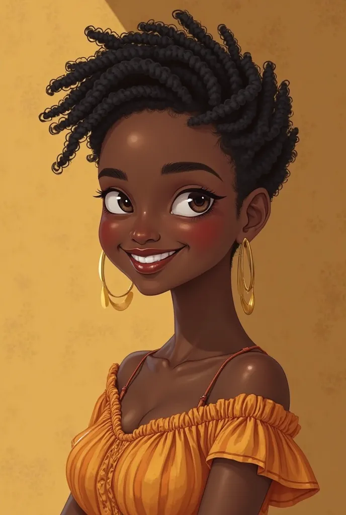 An african dark slim short average girl with little breast small nose, medium eye, bright smile, short ear,braided hair and in her s and an oval face