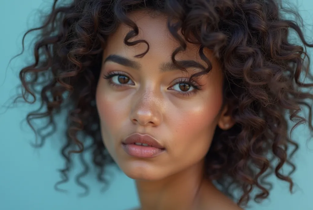 Beautiful close-up portrait of a young woman with curly hair and radiant skin against a soft blue background.