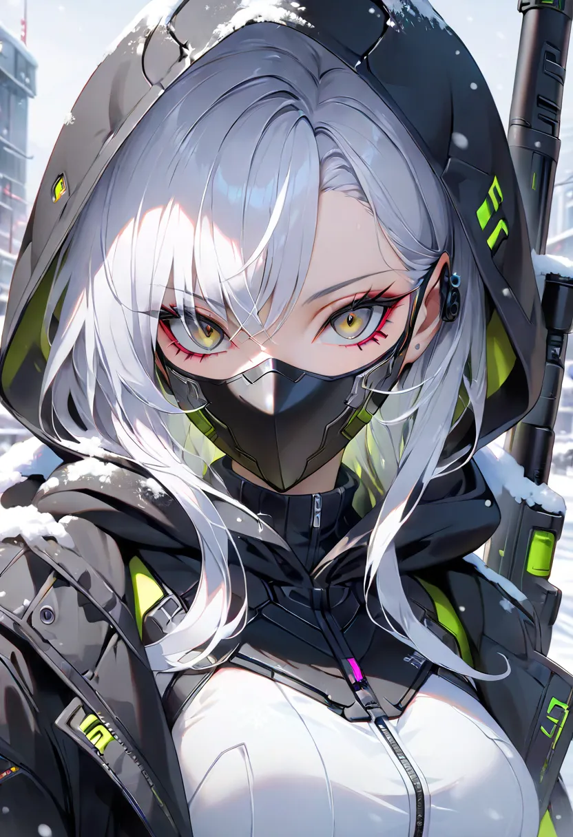 ((  top quality)), ((  masterpiece)), (   details), (( woman)), ( womanの子), ((              sniper              )), (   silver hair), (  black hood  ), ((       mask up       )), ( ), ((chic)), (snow), (  Cyberpunk)