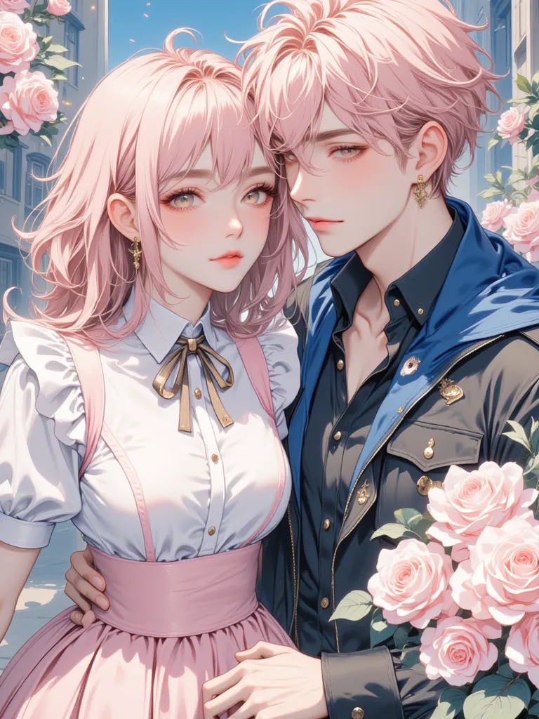 
"a semi-realistic {{person}}gowa-style illustration of the couple,sharp eyes and charisma aura. , Slightly popping neck. Yonjun-Band Style Male Characters TXT, , light pink hair,, sharp eyes,, and modern fashion style,sharp,  One eye, sharp, prominent nos...