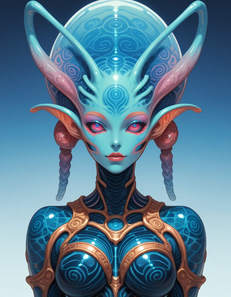 Ancient Extraterrestrial Creature, Alien Being, ((Non-Human)), Female seductive Alien, ((psychedelic skin)), intricate skin, Alien clothes, intricate Heavy armor 