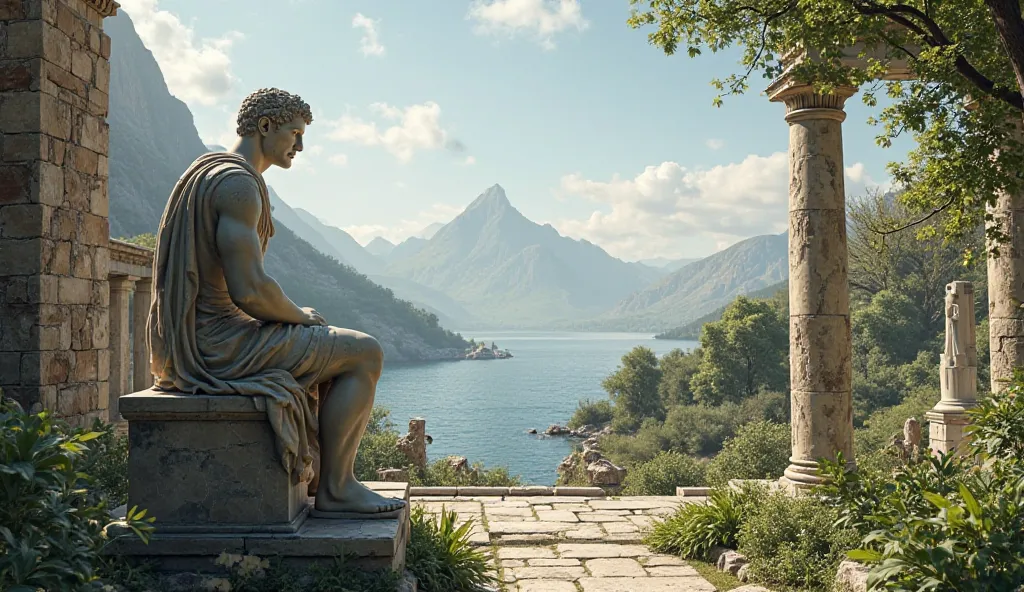 A serene, peaceful setting in an ancient Greek garden, with lush greenery surrounding a colossal statue of Marcus Aurelius. The statue portrays him sitting on a stone bench, deep in stoic thought, with ancient Greek columns and the remains of a grand templ...