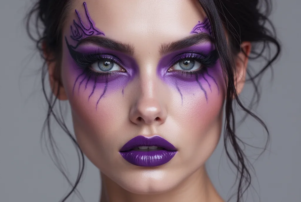 A woman with purple makeup and purple lipstick