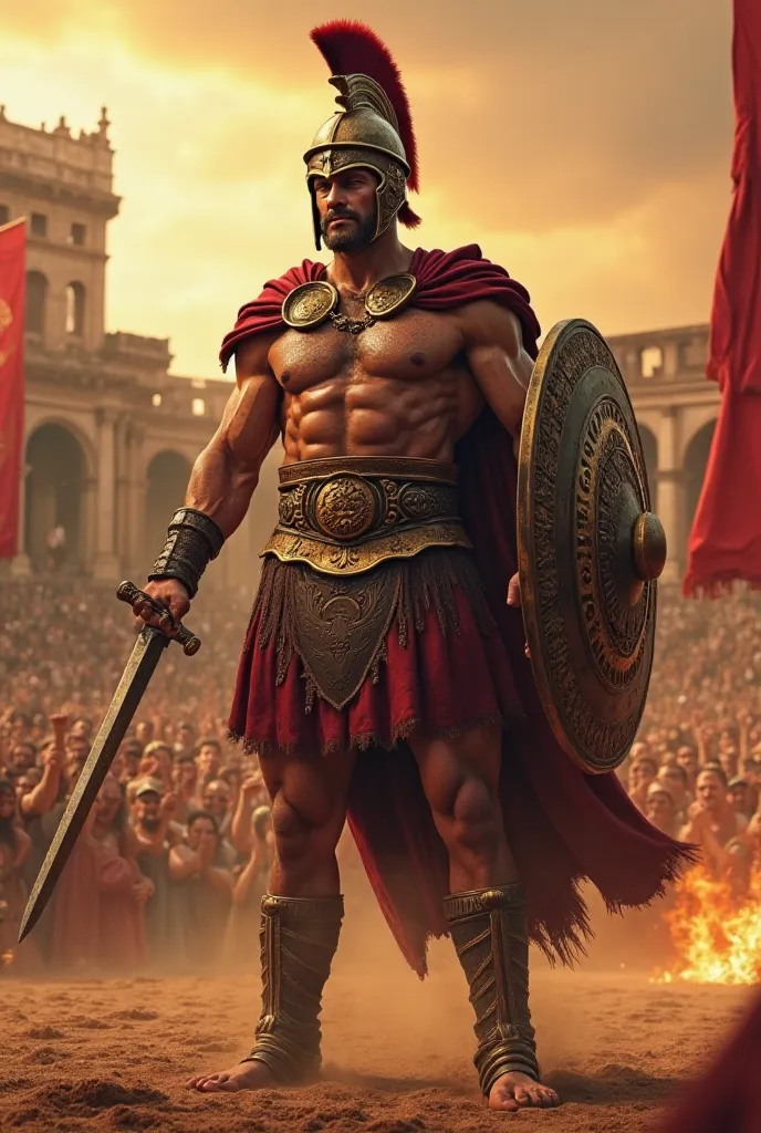 A muscular gladiator of ancient Rome, with worn leather armor and gold detailing. His chest and arms are full of battle scars, showing his fighting history. He wears a gladiator helmet with a red crest and eye slits showing a fierce and determined look. In...