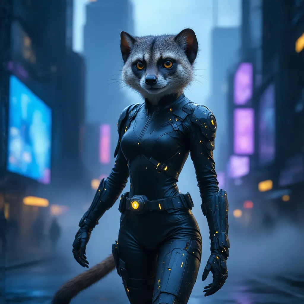 An anthropomorphic female meerkat superhero, sleek black Catwoman-style suit with silver utility belt and retractable claws, masked eyes with glowing yellow lenses, dynamic pose leaping over a neon-lit cyberpunk cityscape, detailed fur texture, cybernetic ...