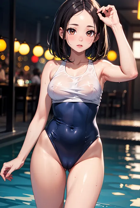 (best quality, masterpiece:1.2), official art, unity 8k wallpaper, 1girl, sexy pose. medium breasts, glistening skin, flushed, (school swimsuit, dark blue, gloss), stand, whole body, wet skin, cameltoe, see-through, medium bob cut. black hair, (bangs showi...