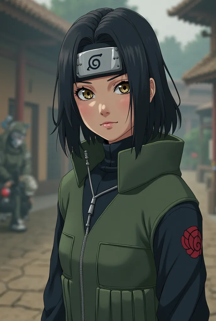 A 24 years old womqn. Leaf village headband wearing. Konoha Jonin dress wearing. Semi Long black hair. Lite brown eyes. Looks like Rin nohara from naruto anime