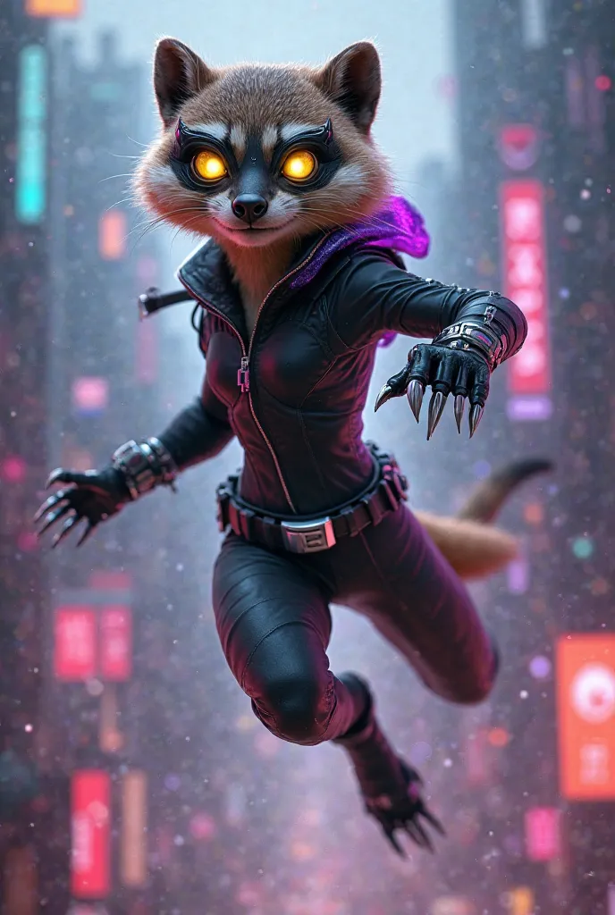 An anthropomorphic female meerkat superhero, sleek black Catwoman-style suit with silver utility belt and retractable claws, masked eyes with glowing yellow lenses, dynamic pose leaping over a neon-lit cyberpunk cityscape, detailed fur texture, cybernetic ...