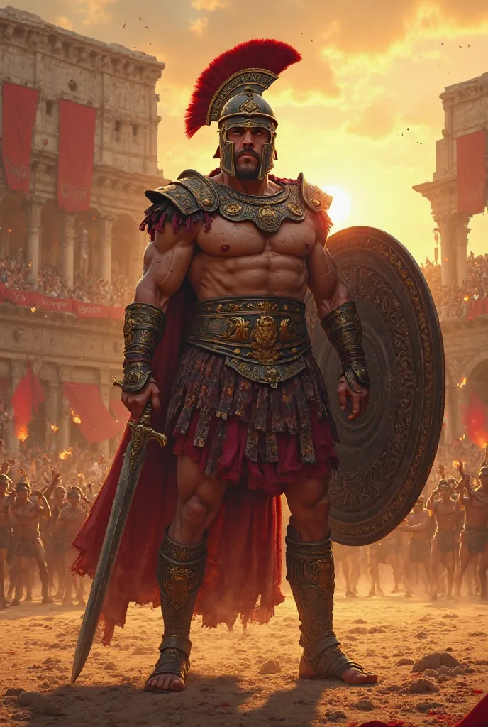 A muscular gladiator of ancient Rome, with worn leather armor and gold detailing. His chest and arms are full of battle scars, showing his fighting history. He wears a gladiator helmet with a red crest and eye slits showing a fierce and determined look. In...