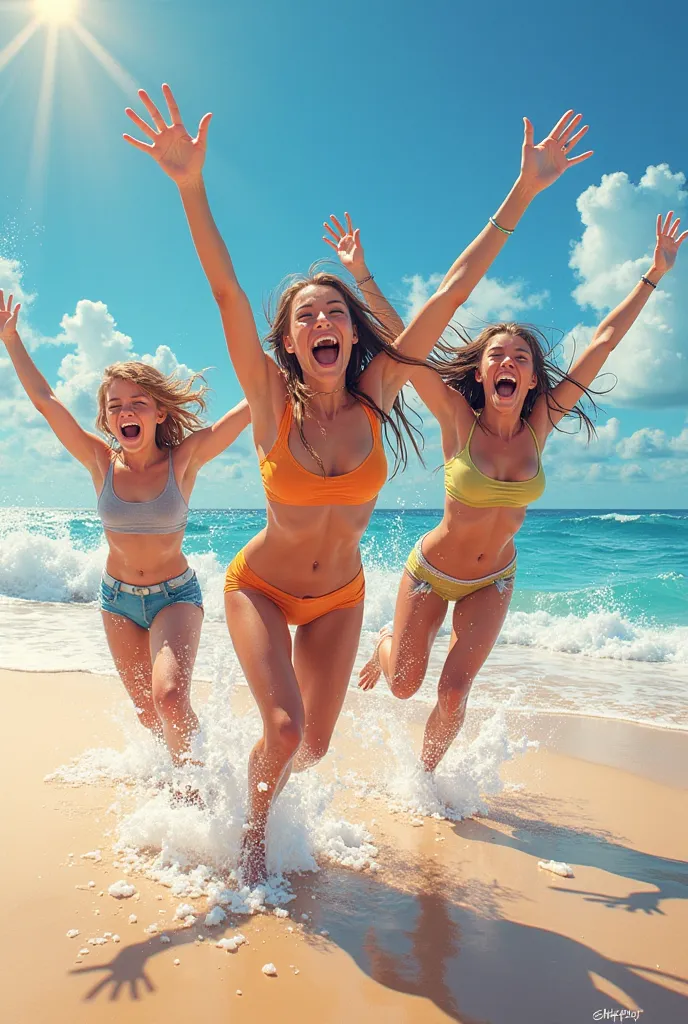 Young people smiling enjoying the beach 