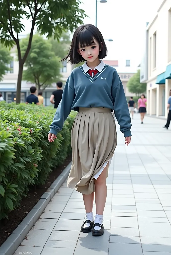 girl, dark hair、is wearing a school uniform。 The skirt that holds the bottom hem of the clothes with its mouth flips up and the underwear is visible。Korean idol、short bob hair in the background